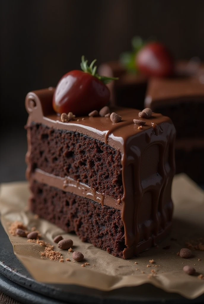cinematic still-frame chocolate, chocolate cake ,deep dark background,High quality photos,Wet texture,Icing ,studio photo,slice,shallowdepthoffield,Vignette,Very meticulous,High budget,Bokeh, widescreen,gloomily,epic,opulent,cinematic grain,grain sense