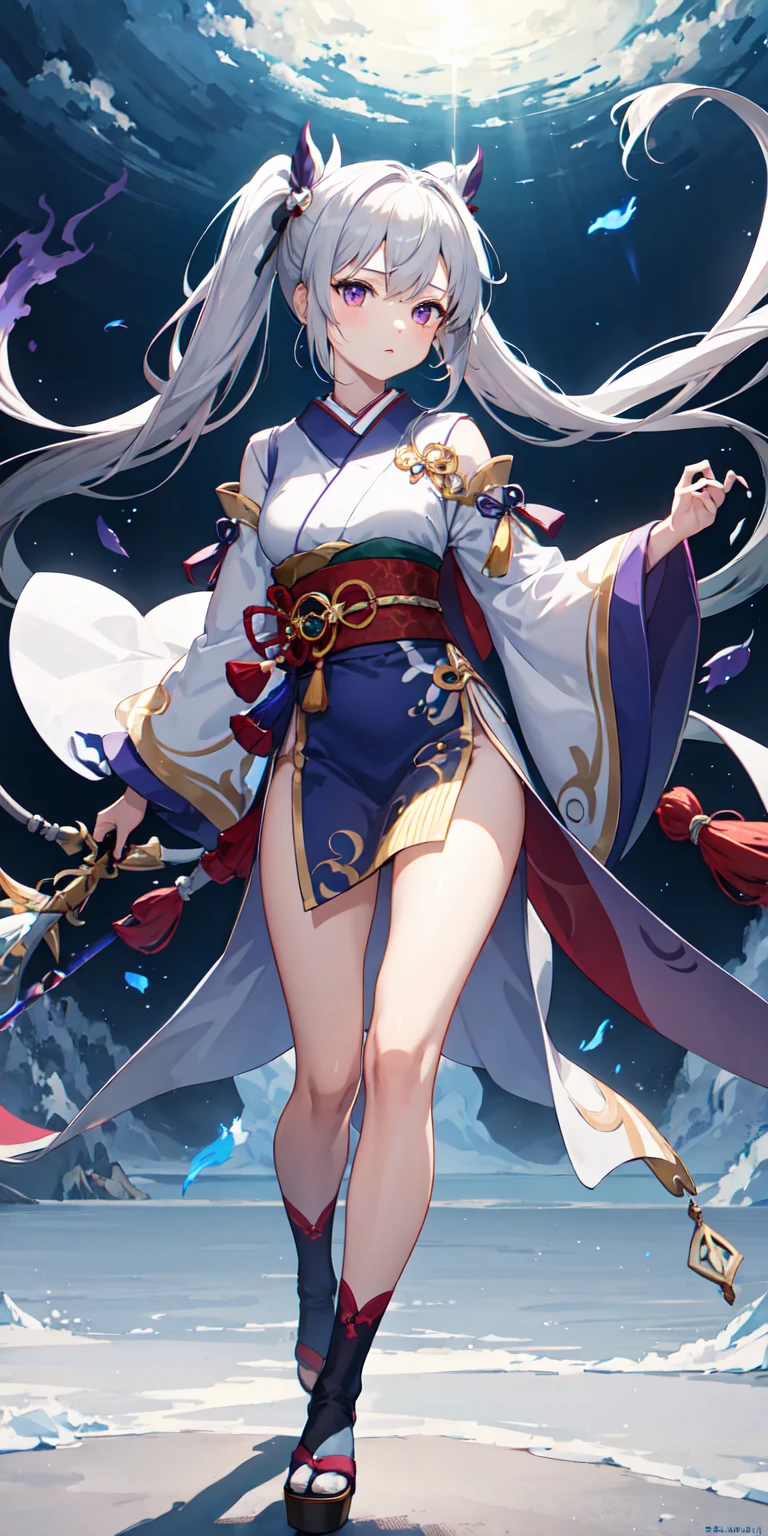 1girl, japanses clothes, pony tails ,gray hair, Purple eye, Magical Circle , blue flame, blue flame, the wallpaper, The landscape, bloods, bloods splatter, Depth of field , Night, light particules, llight rays, Sideslit, upper legs, fate \(series\), genshin impact, ****, open jacket, dress, over knee socks, clouds