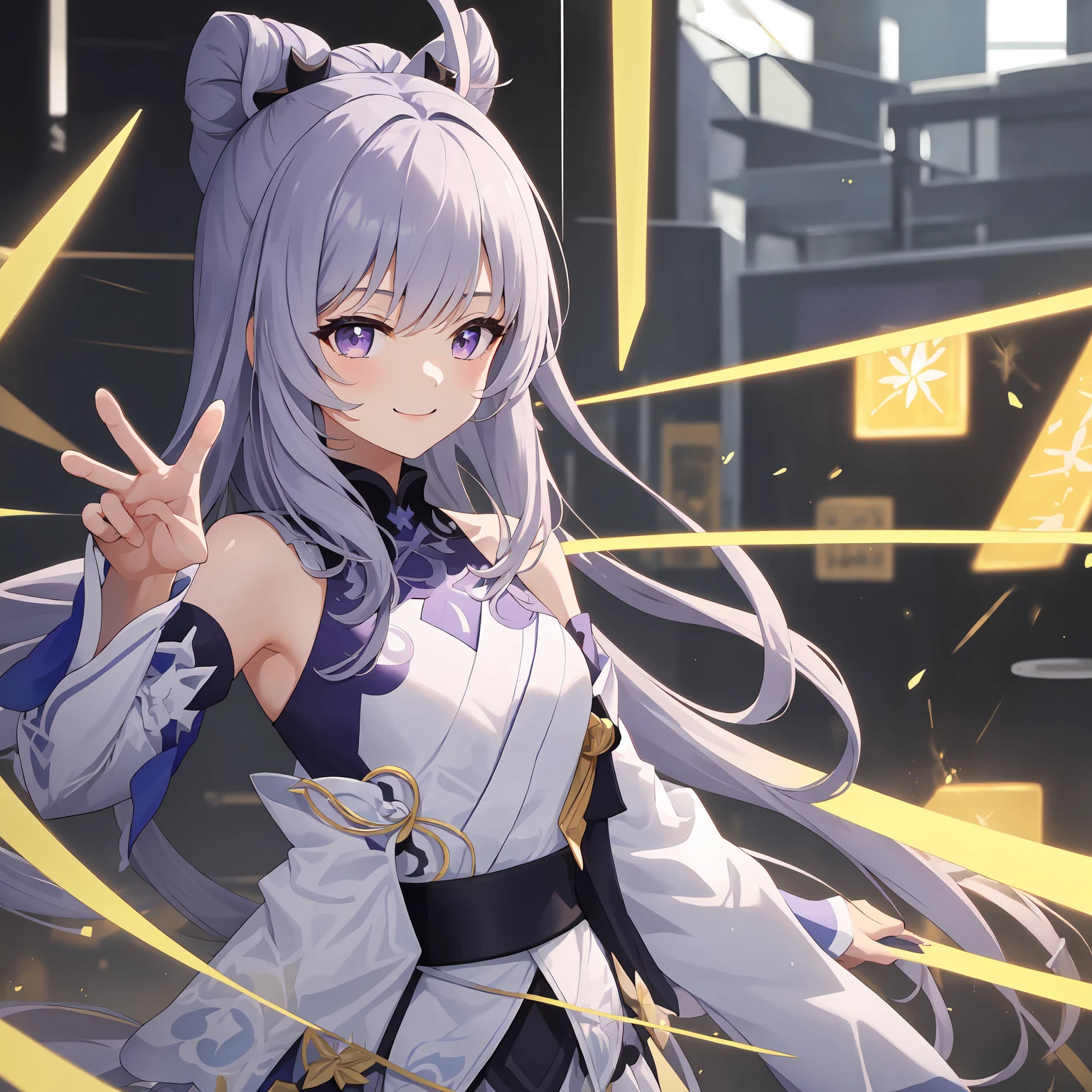 1girl, gray hair, Meina, 2 blankk, The purple eyes, long hair, Bare shoulders, Black collar, split sleeve {x}, white , obi strip, short skirt, white袖子, Smile , upper body, hexagons, with light glowing ,llight rays, (oversleeve:1.2), raised his hand, point to, beehive \(patterned\), The purple,Genshin