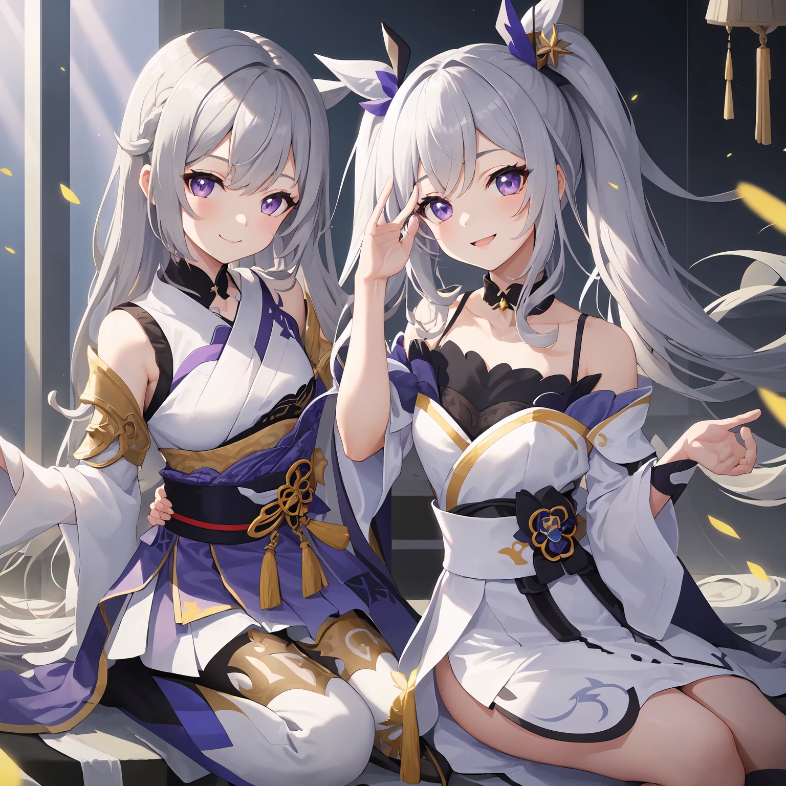1girl, gray hair, Meina, 2 blankk, The purple eyes, long hair, Bare shoulders, Black collar, split sleeve {x}, white , obi strip, short skirt, white袖子, Smile , upper body, hexagons, with light glowing ,llight rays, (oversleeve:1.2), raised his hand, point to, beehive \(patterned\), The purple,Genshin