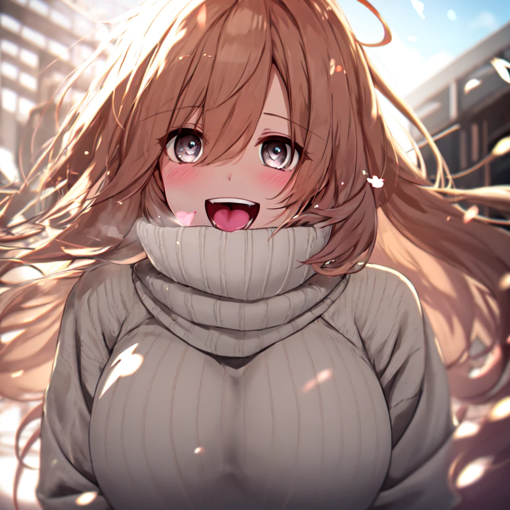 a girl, Wear a comfortable sweater, upper body, (Huge laughter:1.1), (with her mouth open:1.1), (Wide eyes:1.2), Strong sunlight, Bokeh, Depth of field , Blurred background, light particules, Big wind, (heart particles:1.1)