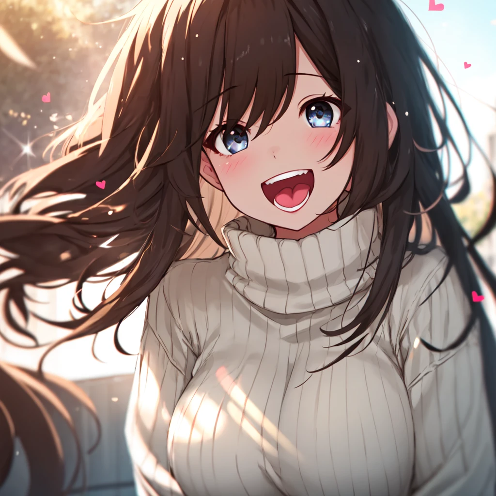 a girl, Wear a comfortable sweater, upper body, (Huge laughter:1.1), (with her mouth open:1.1), (Wide eyes:1.2), Strong sunlight, Bokeh, Depth of field , Blurred background, light particules, Big wind, (heart particles:1.1)