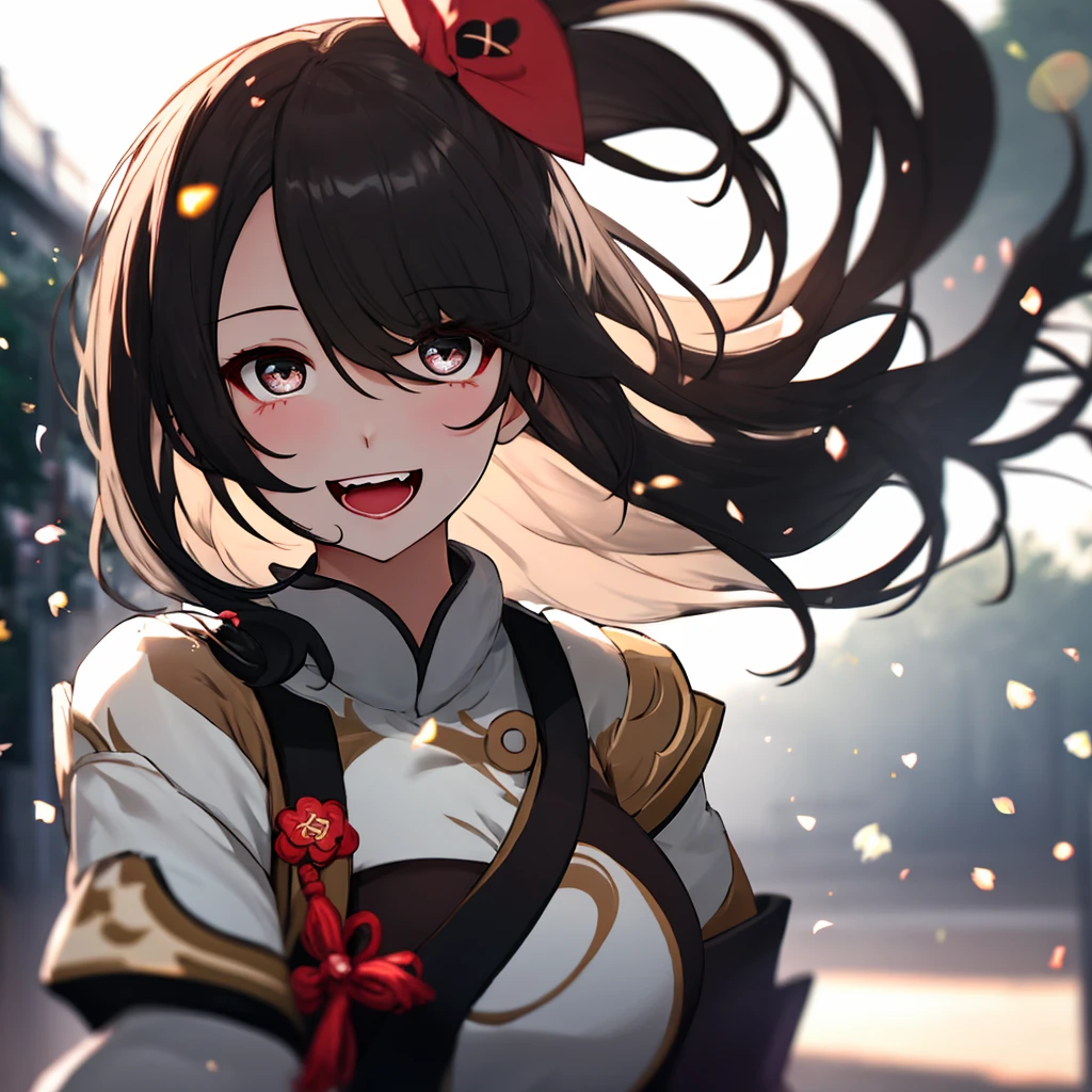 a girl, Wear comfortable clothes, upper body, (Huge laughter:1.1), (with her mouth open:1.1), (Wide eyes:1.2), Strong sunlight, Bokeh, Depth of field , Blurred background, light particules, Big wind, (heart particles:1.1)Genshin