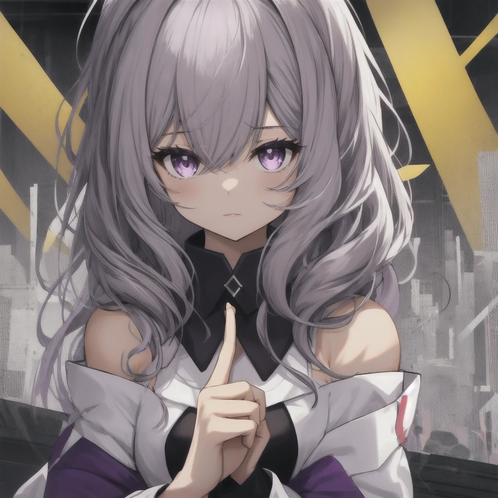 1girl, gray hair, Meina, 2 blankk, The purple eyes, long hair, Bare shoulders, Black collar, split sleeve {x}, white , (oversleeve:1.2), raised his hand, point to, beehive \(patterned\), The purple,Collapse 3