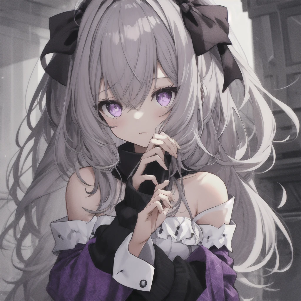 1girl, gray hair, Meina, 2 blankk, The purple eyes, long hair, Bare shoulders, Black collar, split sleeve {x}, white , (oversleeve:1.2), raised his hand, point to, beehive \(patterned\), The purple,Collapse 3