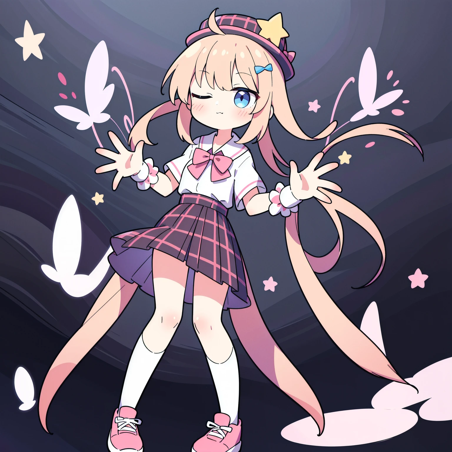 high resolution 1 girl antenna baby_pin bow bowtie braid brpossessed_The eyes collared_The shirt dojikko_posture ruffle_The shirt frilled_The shirt_collar ruffle_skirt frills the hair_bow the hair_ornament the hairpin hand_Show on the_possessed_head heart_the hair_ornament hat with hat_jack jack lShow on theg_the hair Show on thee_The eye_eye closed five-pointed star pink_the hair plaid plaid_bow plaid_skirt pleated_skirt The shirt shoelaces shoes simple_background standing skirt single star_(symbol) pair_braid wariza white_Background: white_over knee socks, Full body