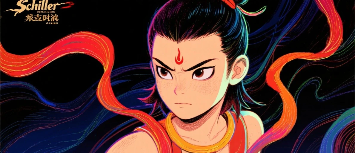 Schiller line drawing color lead style,Nezha close-up,full of artistic imagination,Asian trend poster, concept blockbuster