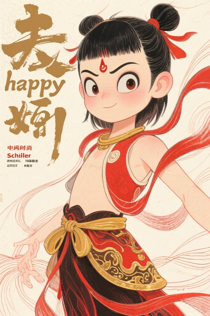 Schiller line drawing color lead style,Nezha close-up,full of artistic imagination,Asian trend poster, concept blockbuster,It reads:“happy”