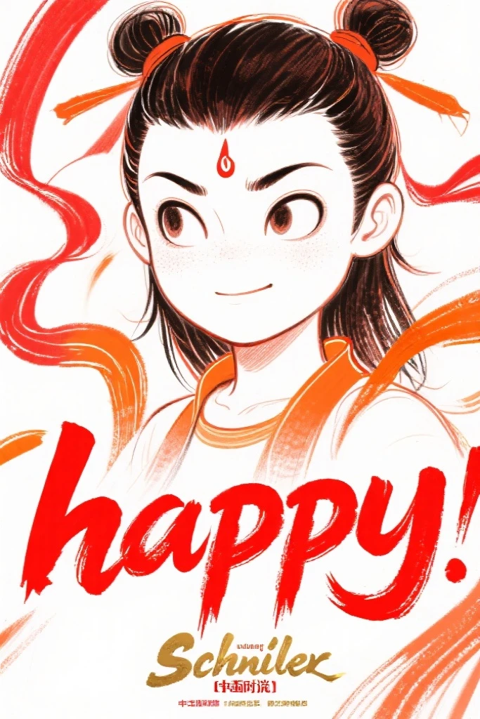 Schiller line drawing color lead style,Nezha close-up,full of artistic imagination,Asian trend poster, concept blockbuster,It reads:“happy”