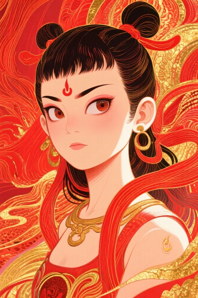 Schiller line drawing color lead style,Nezha close-up,full of artistic imagination,Asian trend poster, concept blockbuster