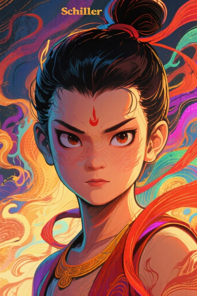 Schiller line drawing color lead style,Nezha close-up,full of artistic imagination,Asian trend poster, concept blockbuster