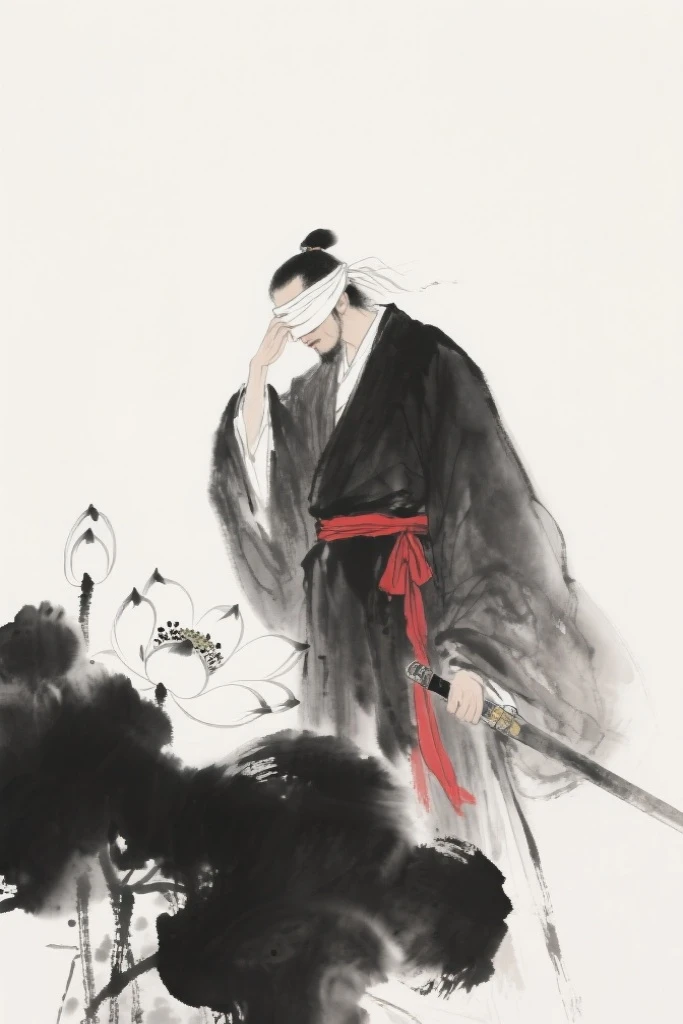 A swordsman，Martial arts style，red waistband，Wearing a cloak，low head，Cover your eyes，white background，meticuloso，Fine，masterpiece，ink and watercolor painting，Ink smoke，ink cloud，Splash ink，Color ramp，ink，dark black and white lotus，Light and shadow art，Brush Strokes。