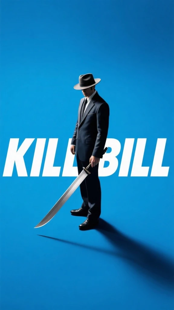 Minimalist,Advancedsense,Low angle overhead shot,The background is Klein blue,Instant reproduction,with a long knife,portrait standing on the side with a hat in the middle of the picture,in a suit and interspersed with the white font “KILL BILL”