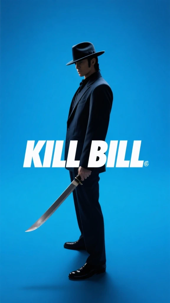 Minimalist,Advancedsense,Low angle overhead shot,The background is Klein blue,Instant reproduction,with a long knife,portrait standing on the side with a hat in the middle of the picture,in a suit and interspersed with the white font “KILL BILL”