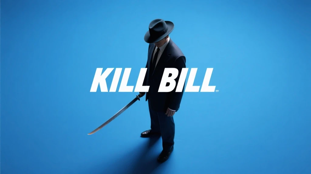 Minimalist，Advancedsense，Low angle overhead shot，The background is Klein blue，Instant reproduction，with a long knife，portrait standing on the side with a hat in the middle of the picture，in a suit and interspersed with the white font “KILL BILL”