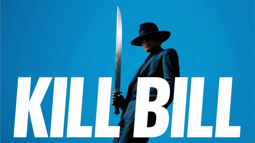 Minimalist,Advancedsense,Low angle overhead shot,The background is Klein blue,Instant reproduction,with a long knife,portrait standing on the side with a hat in the middle of the picture,in a suit and interspersed with the white font “KILL BILL”