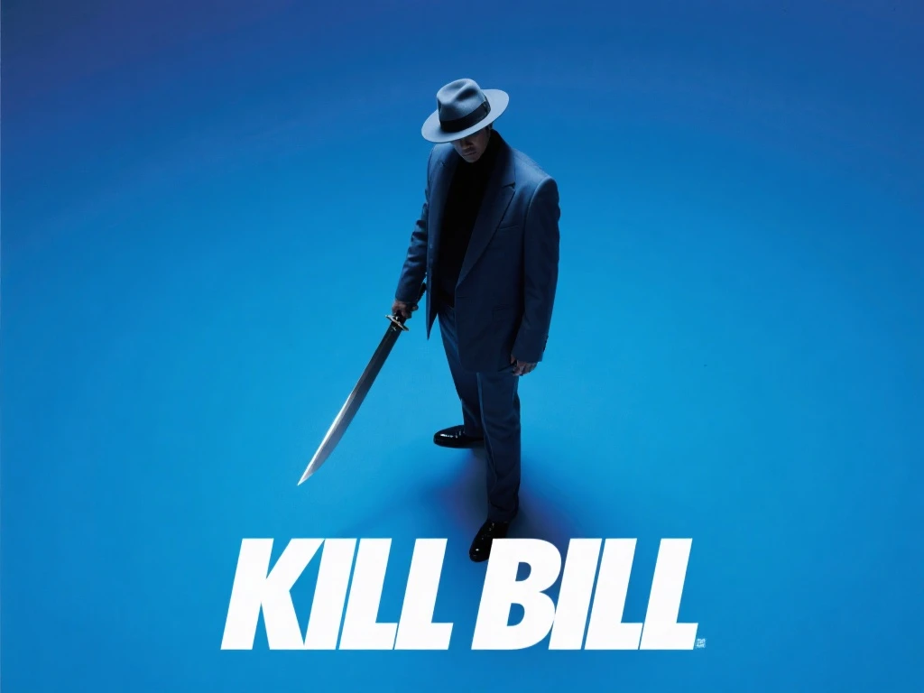 Minimalist,Advancedsense,Low angle overhead shot,The background is Klein blue,Instant reproduction,with a long knife,portrait standing on the side with a hat in the middle of the picture,in a suit and interspersed with the white font “KILL BILL”