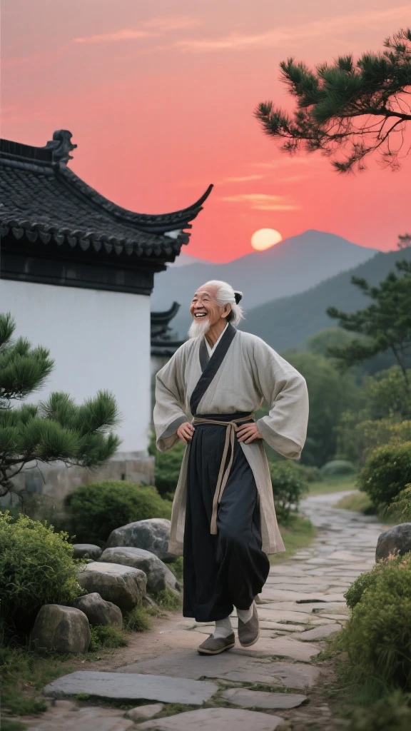 Prompt words

1. 人物：Ancient old man，White hair tied behind the head，Dressed in traditional Hanfu，Handing over右衽，Light-colored tops with dark bottoms，Waist strap，Wearing straps and cloth shoes。Joyful expression，Smiling，Hands on hips 。
 
2. enviroment：Traditional Chinese architecture，Black tile white wall，Cornices warped 。There are greenery around，Such as green pines and cypresses、Low shrub。The ground is a stone path，路旁有Stones堆砌。The sky in the distance presents a warm red hue as the sun sets，There is a sunset、Mountain outline。
 
3. lain：The overall atmosphere is relaxed and pleasant，Convey health、Ancient fitness theme 。
 
Style characteristics

- Clothing：Adopts traditional Hanfu styles，Reflects Chinese classical clothing culture，Handing over、Wide sleeves、Wrapped waist and other design elements，Shows a simple and elegant temperament。
 
- Architecture：典型Traditional Chinese architecture风格，Black tile white wall、Eaves design，Is a signature element of Chinese architecture，Highlights oriental architectural aesthetics。
 
- Natural landscape：pines、Shrubs and other green plants，Paired with stone roads、Stones，Creates the natural Chinese countryside、Peaceful atmosphere。The warm-toned sky at sunset，Adds warmth and poetry to the picture。
 
-Character expressions and themes：The happy expressions of the characters and themes such as "ancient fitness"，Conveys the positive aspects of traditional Chinese health culture、Leisure life attitude 。