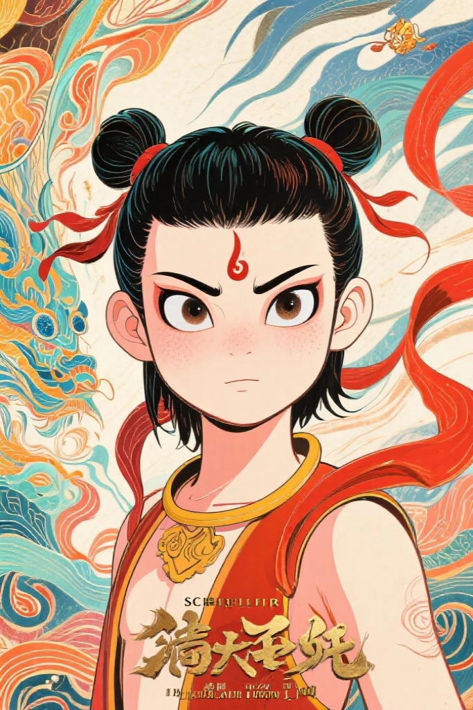 Schiller line drawing color lead style,Nezha close-up,full of artistic imagination,Asian trend poster, concept blockbuster