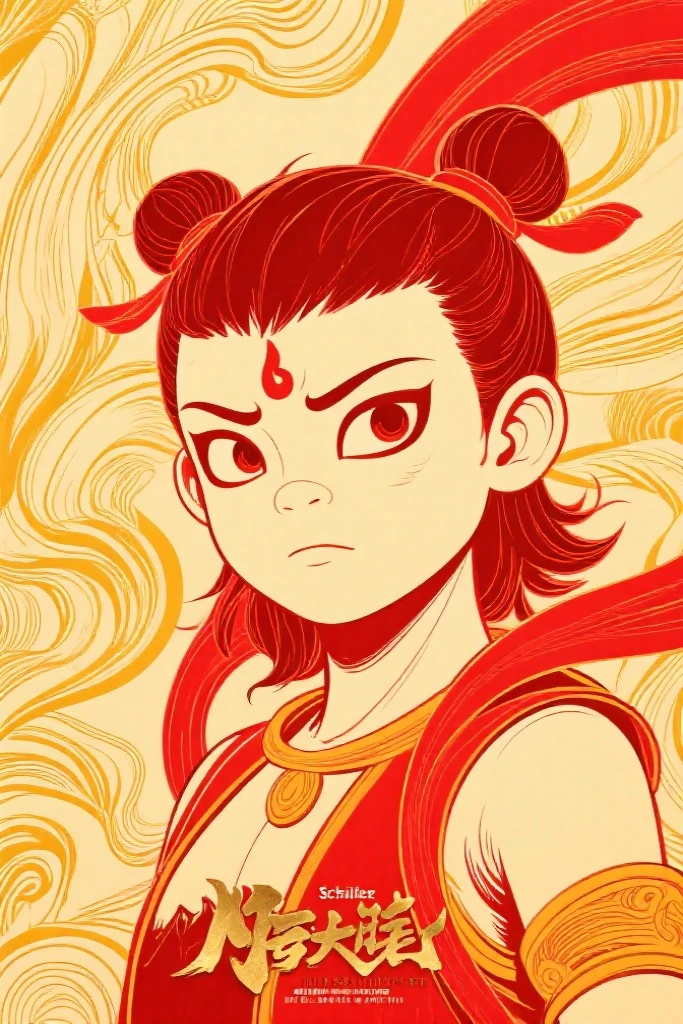 Schiller line drawing color lead style,Nezha close-up,full of artistic imagination,Asian trend poster, concept blockbuster