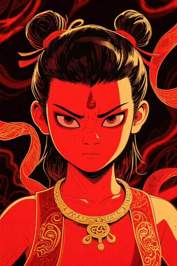 Schiller line drawing color lead style,Nezha close-up,full of artistic imagination,Asian trend poster, concept blockbuster