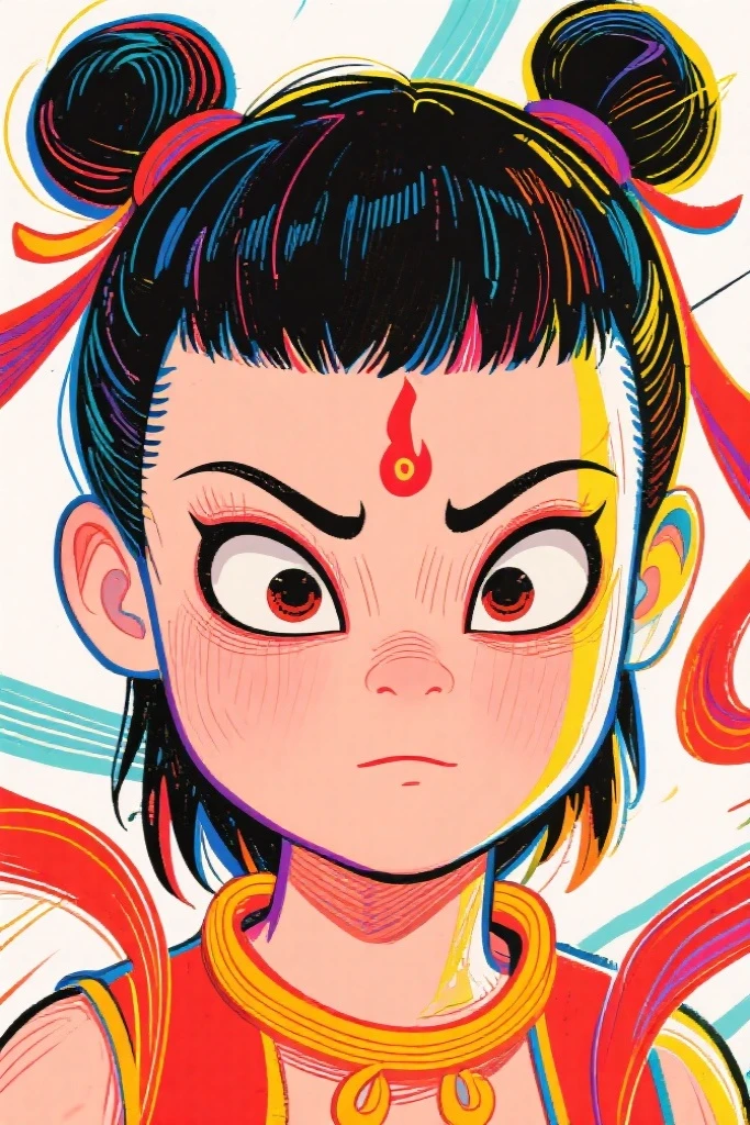 Schiller line drawing color lead style,Nezha close-up,full of artistic imagination,Asian trend poster, concept blockbuster