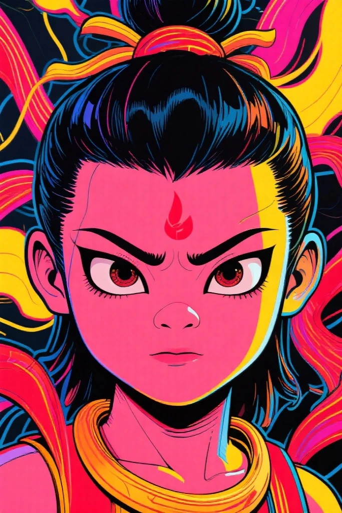 Schiller line drawing color lead style,Nezha close-up,full of artistic imagination,Asian trend poster, concept blockbuster