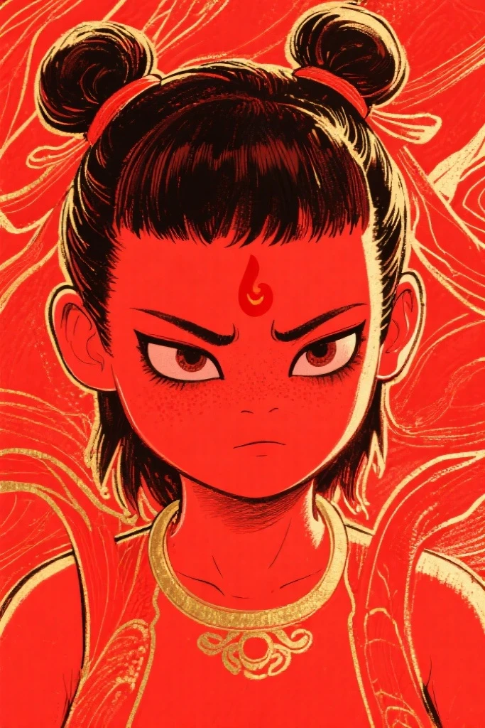 Schiller line drawing color lead style,Nezha close-up,full of artistic imagination,Asian trend poster, concept blockbuster