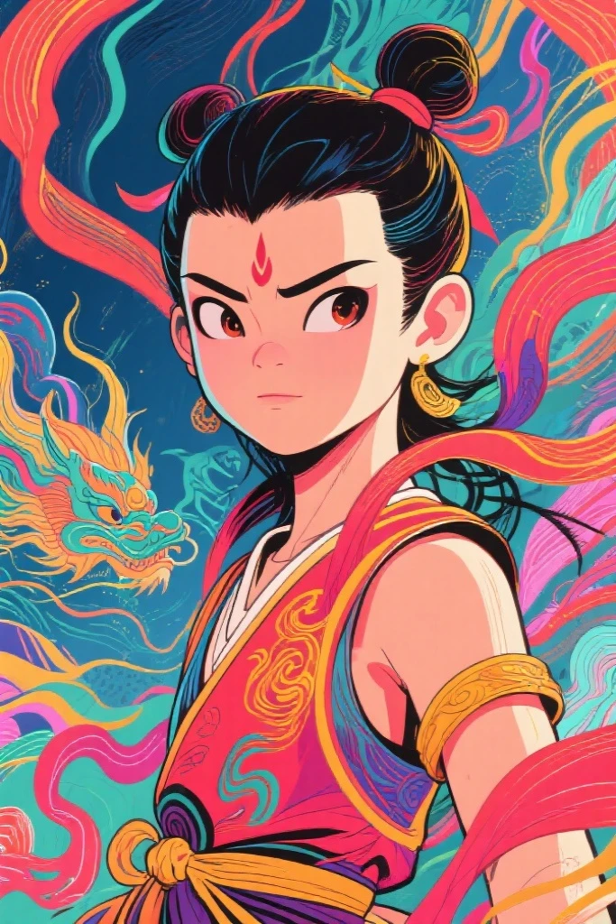 Schiller line drawing color lead style,Nezha close-up,full of artistic imagination,Asian trend poster, concept blockbuster