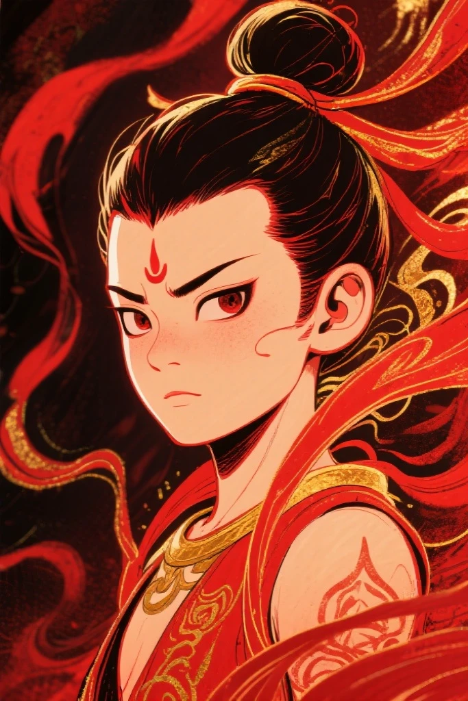 Schiller line drawing color lead style,Nezha close-up,full of artistic imagination,Asian trend poster, concept blockbuster