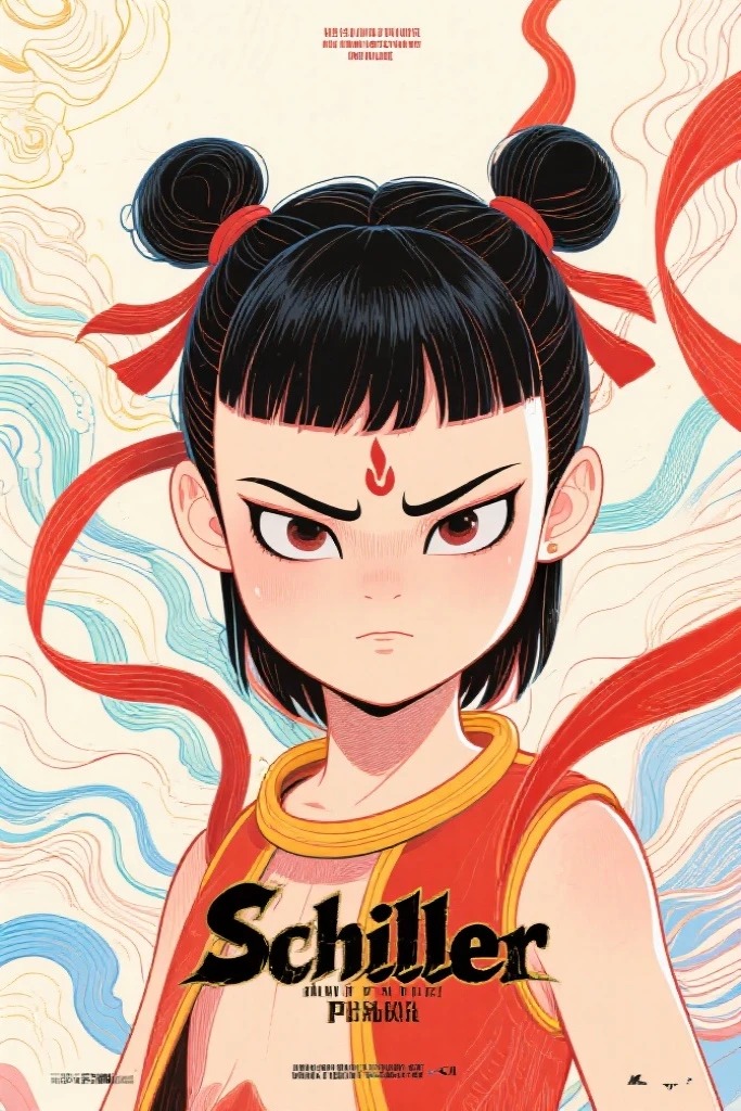 Schiller line drawing color lead style,Nezha close-up,full of artistic imagination,Asian trend poster, concept blockbuster