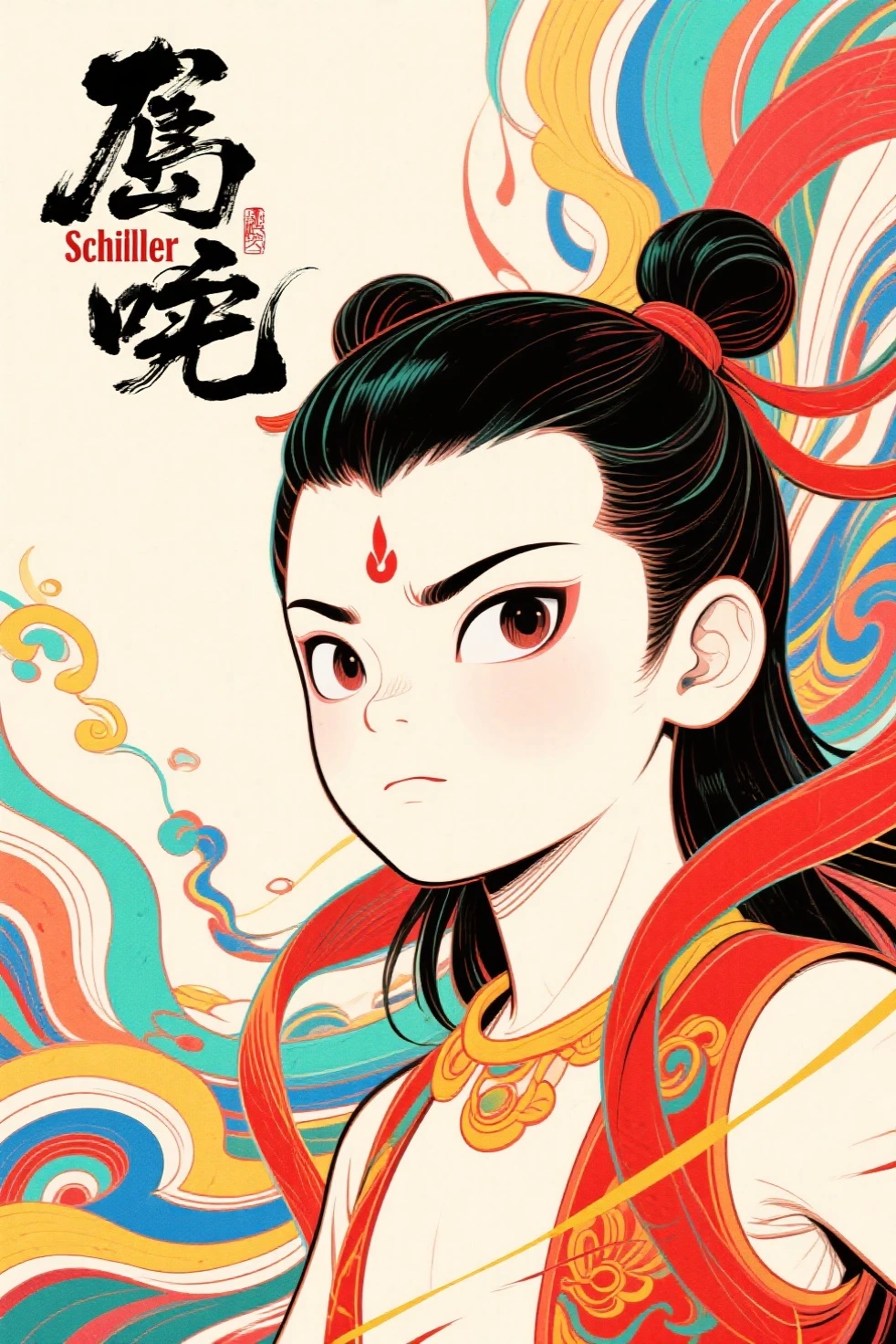 Schiller line drawing color lead style,Nezha close-up,full of artistic imagination,Asian trend poster, concept blockbuster