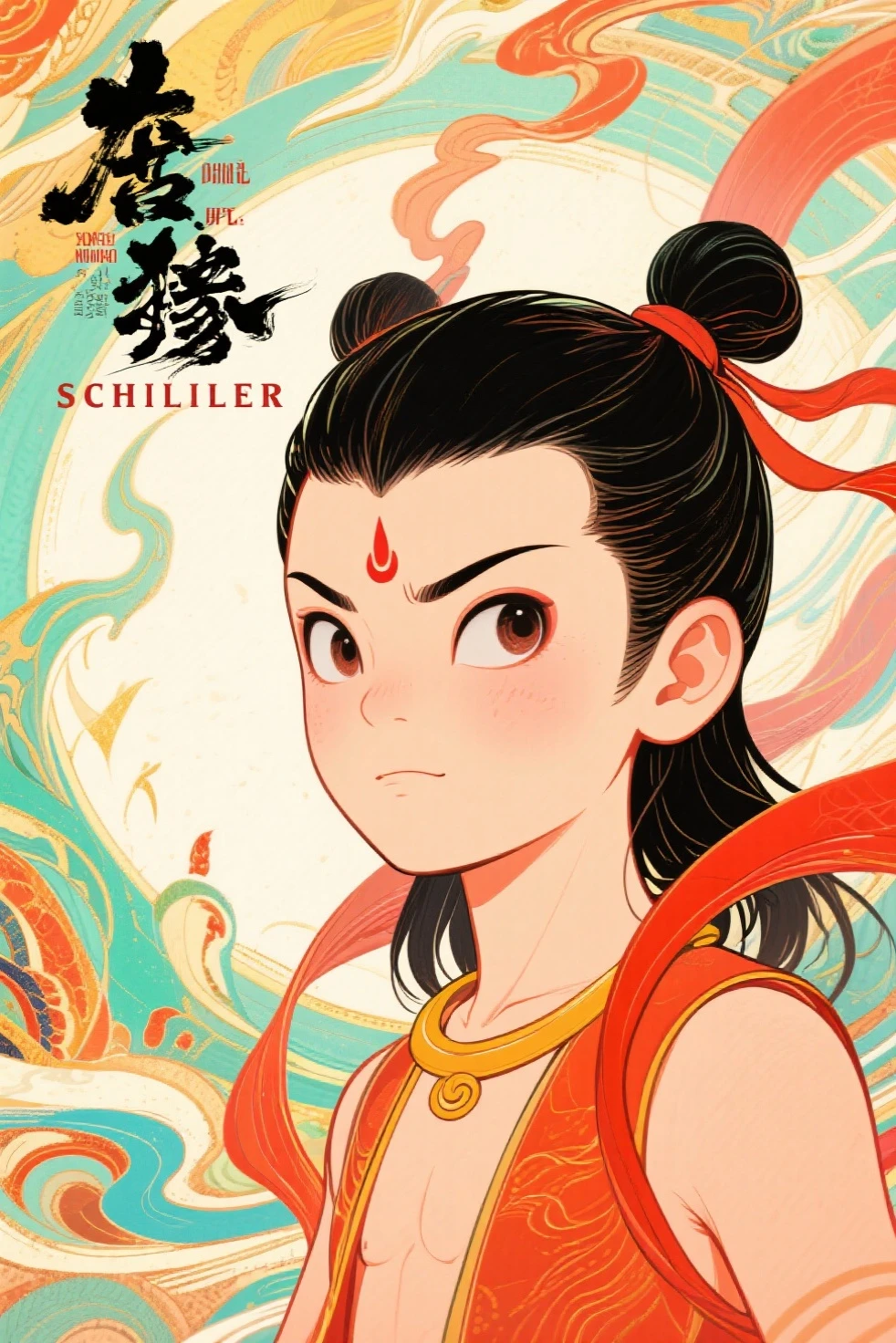Schiller line drawing color lead style,Nezha close-up,full of artistic imagination,Asian trend poster, concept blockbuster