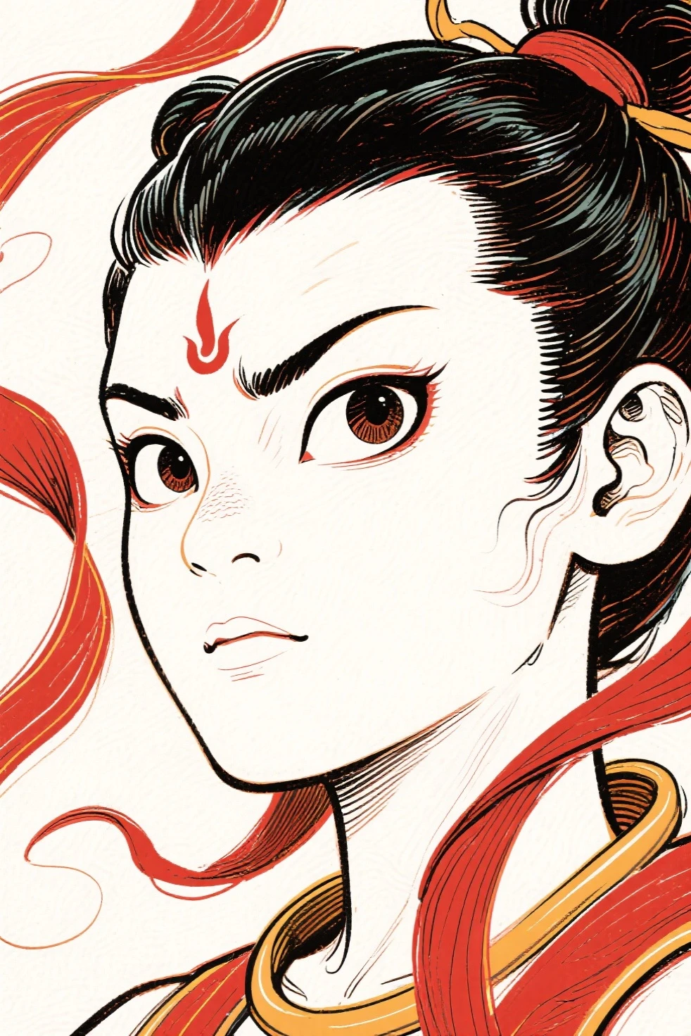 Schiller line drawing color lead style,Nezha close-up,full of artistic imagination,Asian trend poster, concept blockbuster