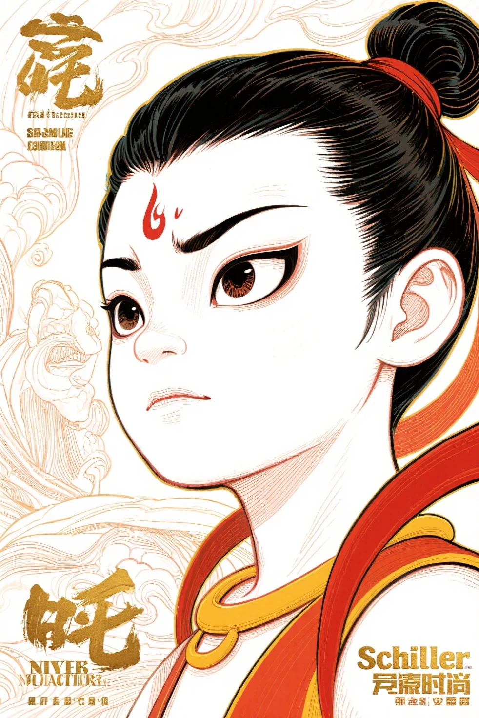 Schiller line drawing color lead style,Nezha close-up,full of artistic imagination,Asian trend poster, concept blockbuster
