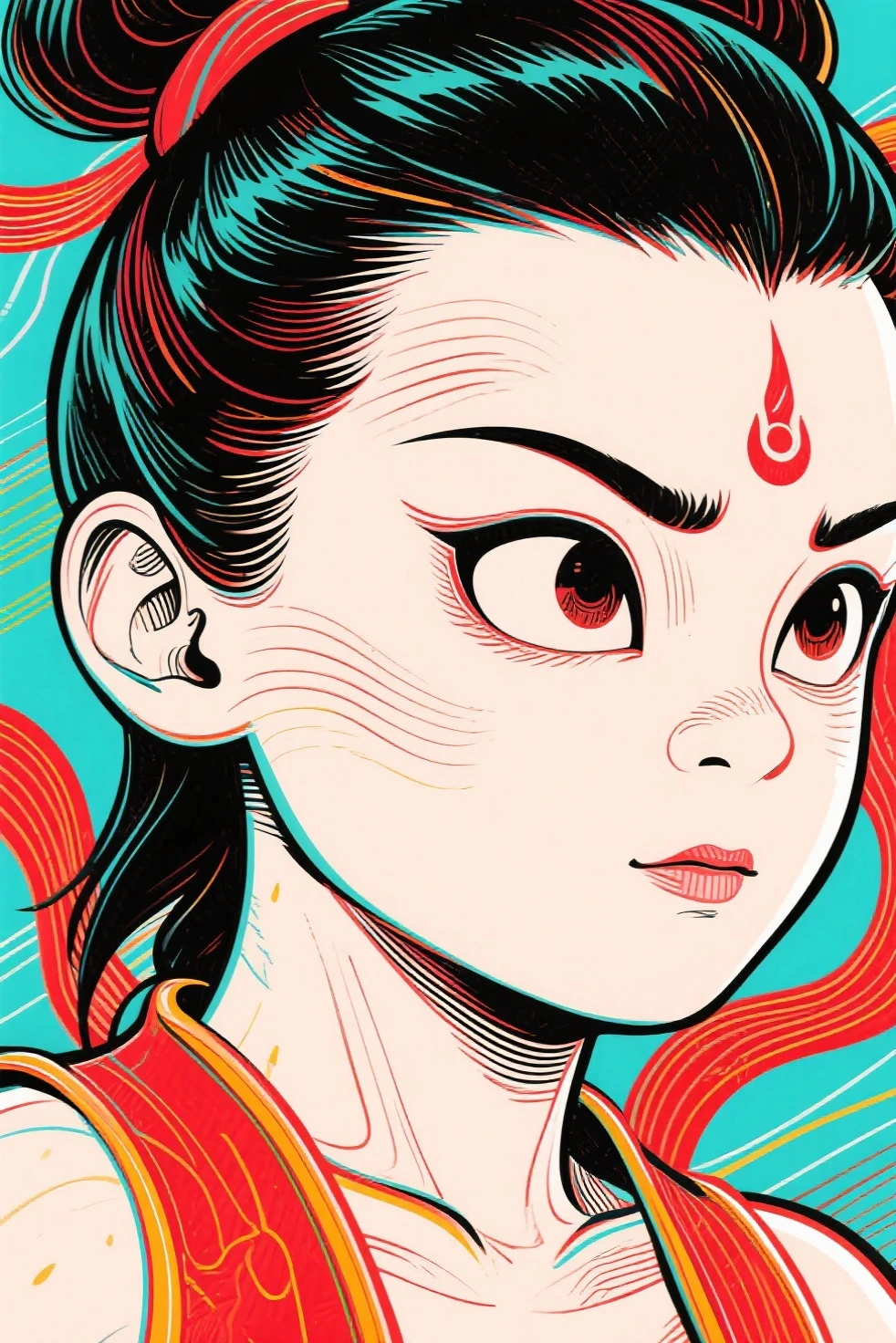 Schiller line drawing color lead style,Nezha close-up,full of artistic imagination,Asian trend poster, concept blockbuster