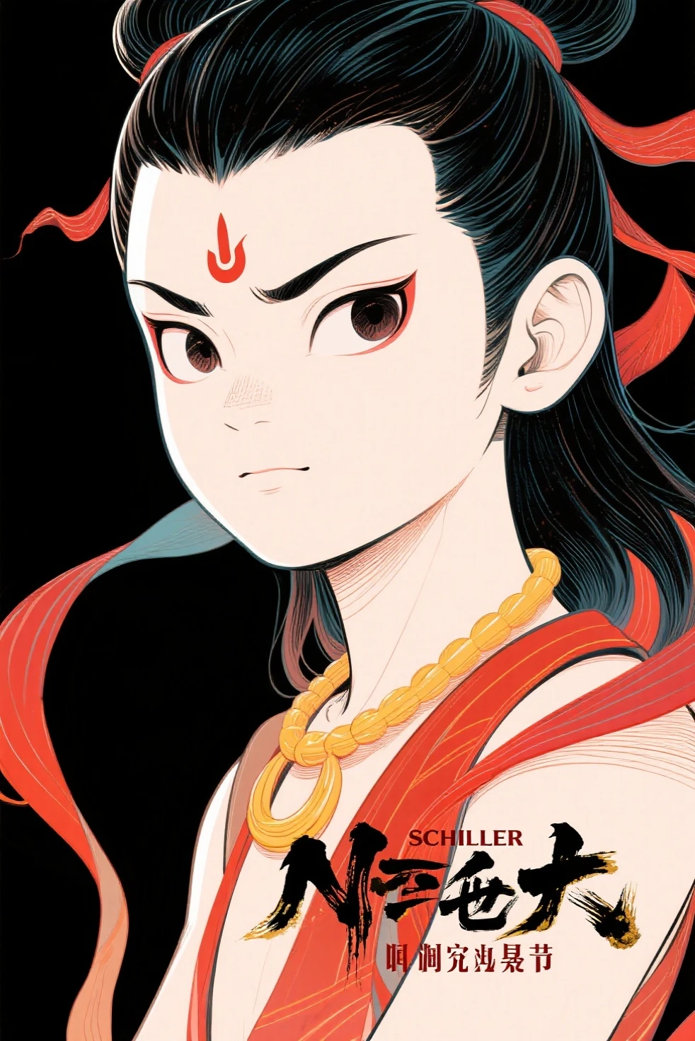 Schiller line drawing color lead style,Nezha close-up,full of artistic imagination,Asian trend poster, concept blockbuster