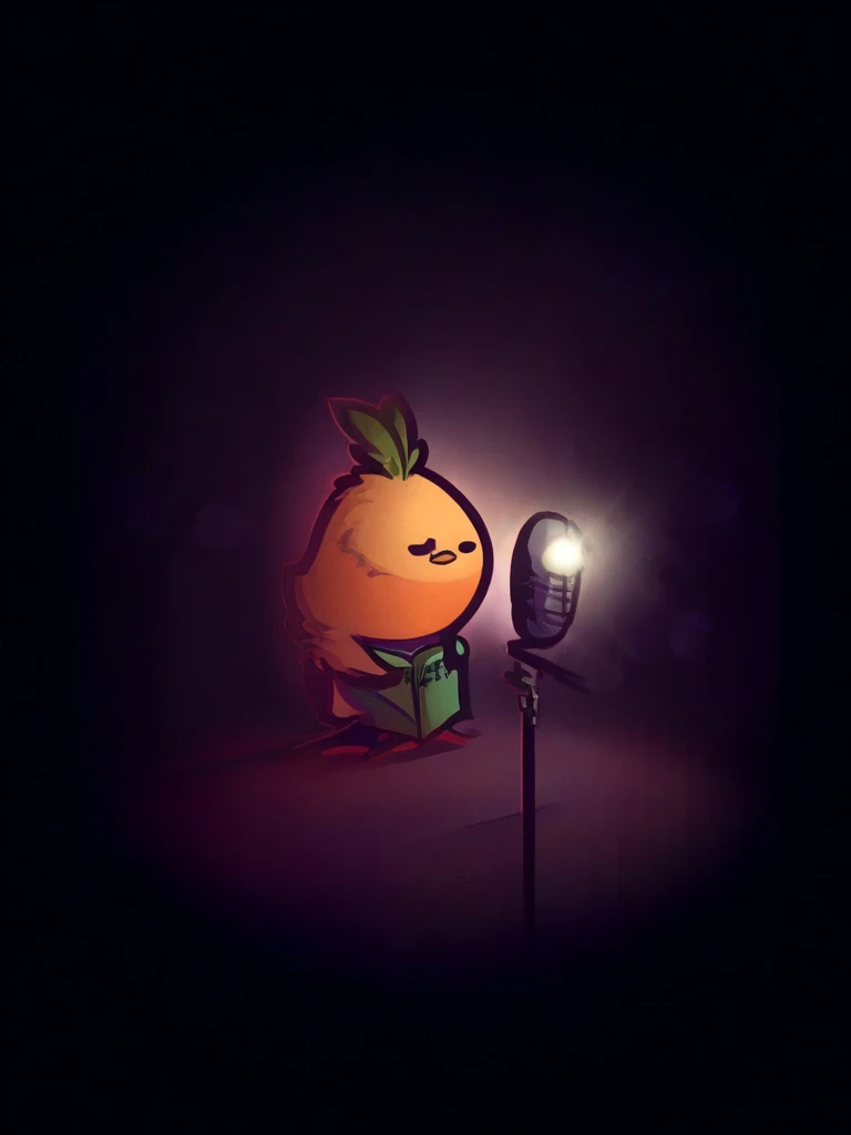 Becca Stadtlander Style,Fun Picture Book,impressionistic,aquarelle,Minimalist,A cute orange singing on stage with a microphone,Intoxicated expression,super adorable,soft lighting,Fresh and elegant background,like Healing,Leave it blank appropriately,Perfectcomposition