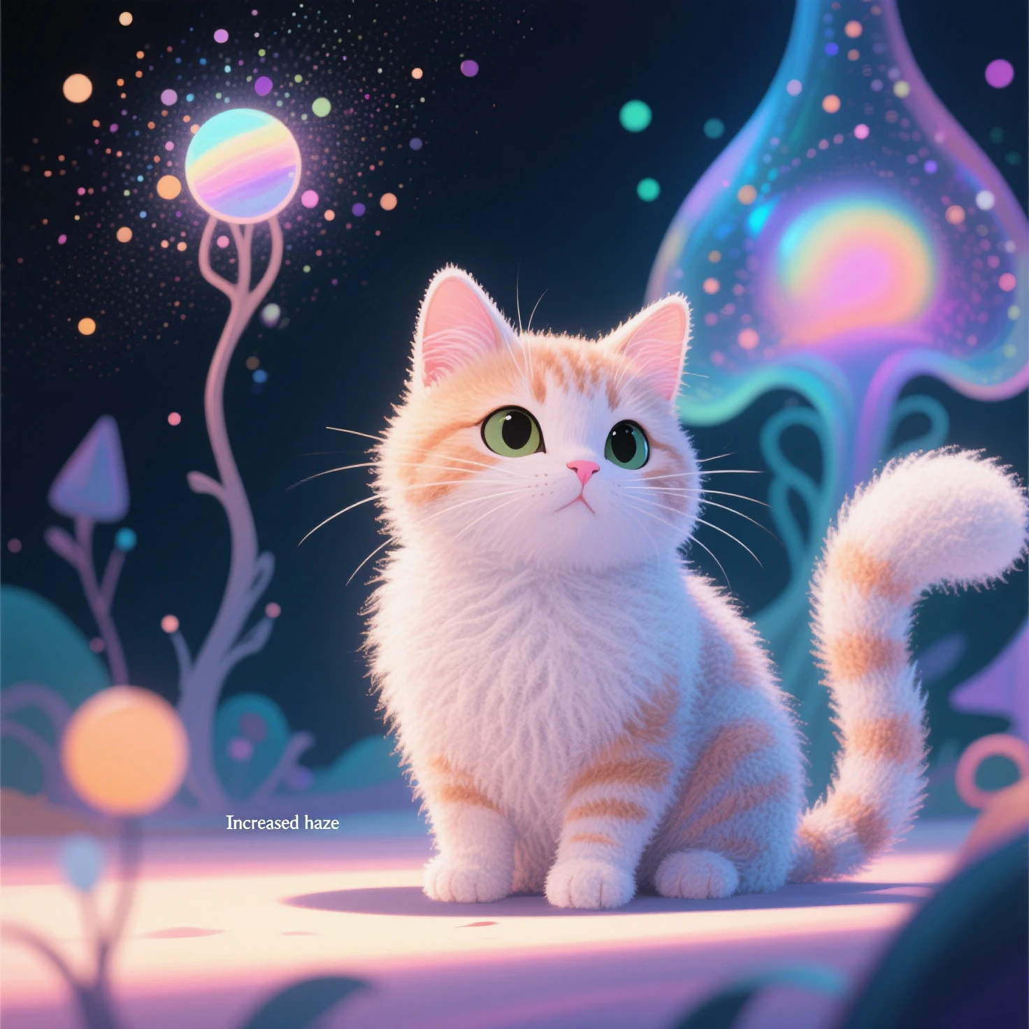 illustration,artistry,Increased light and shadow,winning artwork,Works of masters,Minimalist design,Flattening,Weird fairy tale,Particle holographic printing,"Increased haze",Increased depth of field,Felt-style cotton texture,on focus,High saturation ,超现实illustration,Furry texture,Soft and bright colors,Cute cat