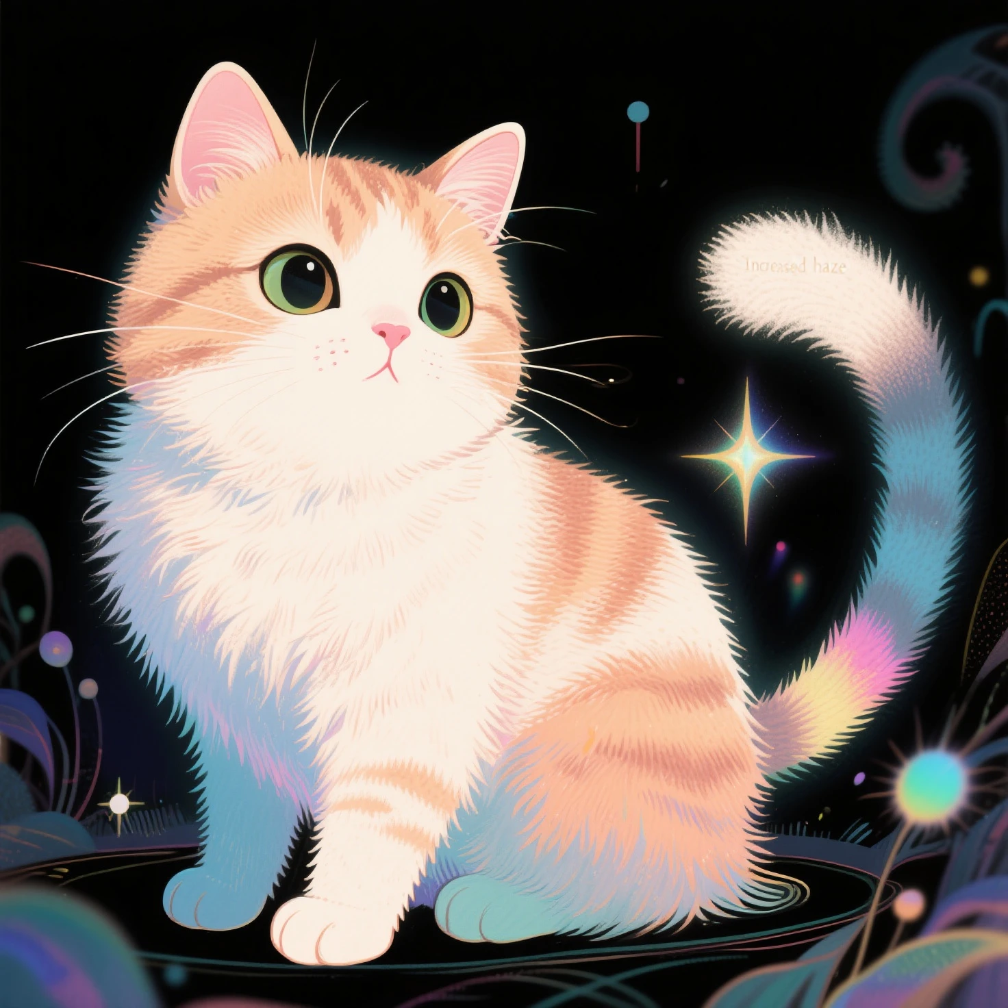 illustration,artistry,Increased light and shadow,winning artwork,Works of masters,Minimalist design,Flattening,Weird fairy tale,Particle holographic printing,"Increased haze",Increased depth of field,Felt-style cotton texture,on focus,High saturation ,超现实illustration,Furry texture,Soft and bright colors,Cute cat