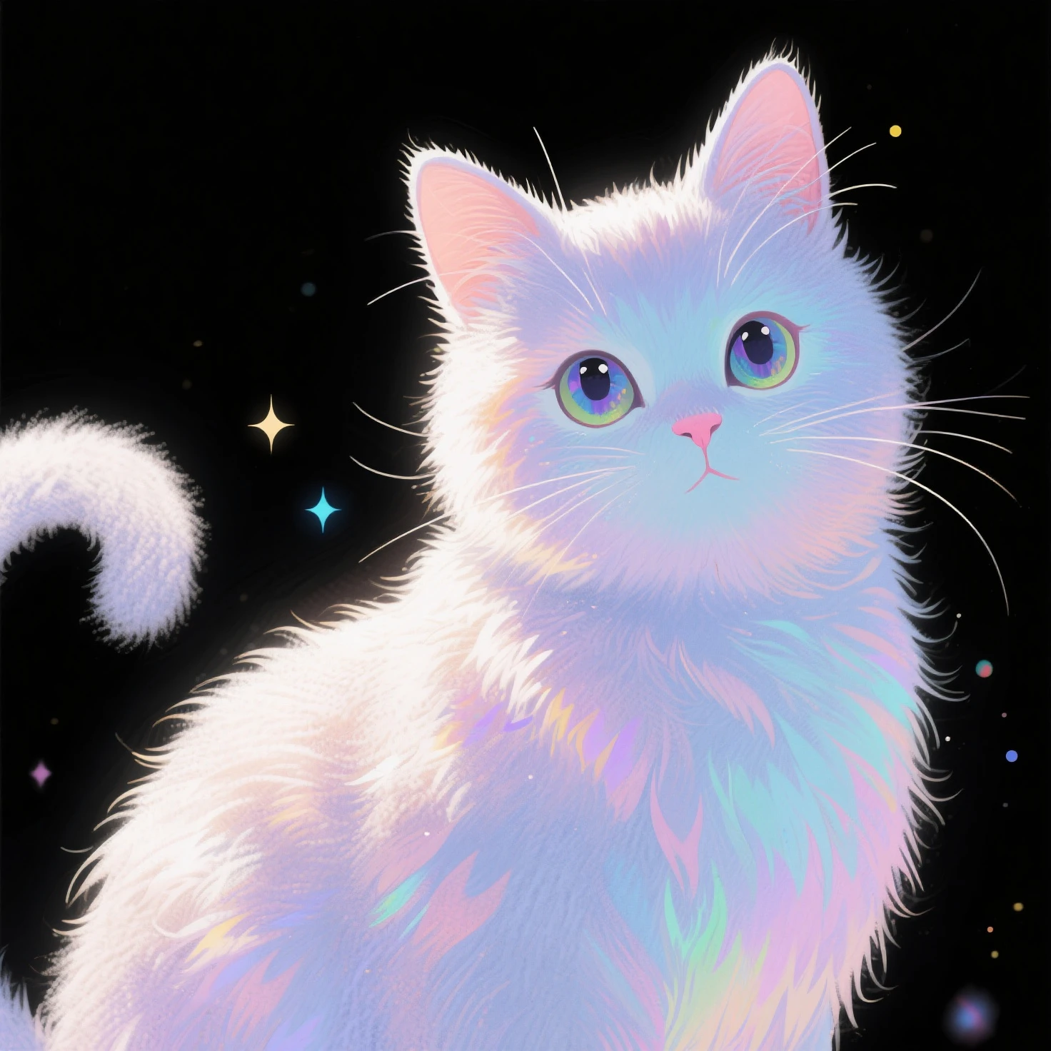 illustration,artistry,Increased light and shadow,winning artwork,Works of masters,Minimalist design,Flattening,Weird fairy tale,Particle holographic printing,"Increased haze",Increased depth of field,Felt-style cotton texture,on focus,High saturation ,超现实illustration,Furry texture,Soft and bright colors,Cute cat