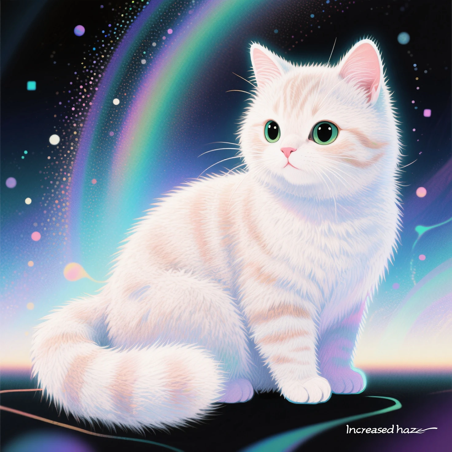 illustration,artistry,Increased light and shadow,winning artwork,Works of masters,Minimalist design,Flattening,Weird fairy tale,Particle holographic printing,"Increased haze",Increased depth of field,Felt-style cotton texture,on focus,High saturation ,超现实illustration,Furry texture,Soft and bright colors,Cute cat
