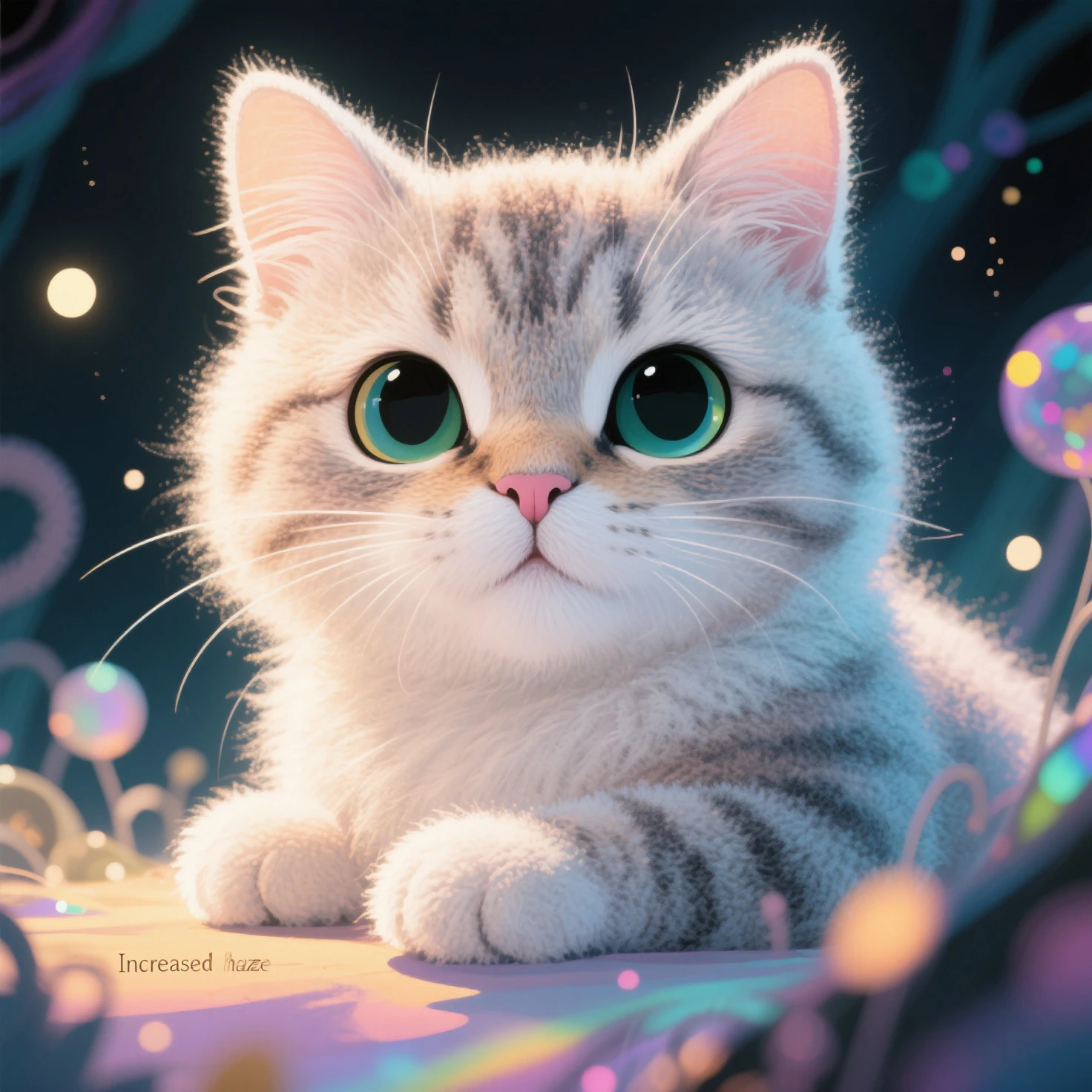 illustration,artistry,Increased light and shadow,winning artwork,Works of masters,Minimalist design,Flattening,Weird fairy tale,Particle holographic printing,"Increased haze",Increased depth of field,Felt-style cotton texture,on focus,High saturation ,超现实illustration,Furry texture,Soft and bright colors,Cute cat