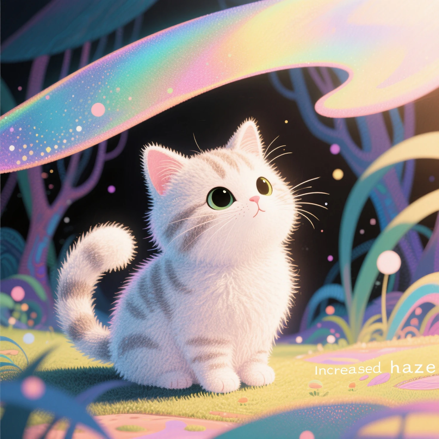 illustration，artistry，Increased light and shadow，winning artwork，Works of masters，Minimalist design，Flattening，Weird fairy tale，Particle holographic printing，"Increased haze"，Increased depth of field，Felt-style cotton texture，on focus，High saturation ，超现实illustration，Furry texture，Soft and bright colors，Cute cat