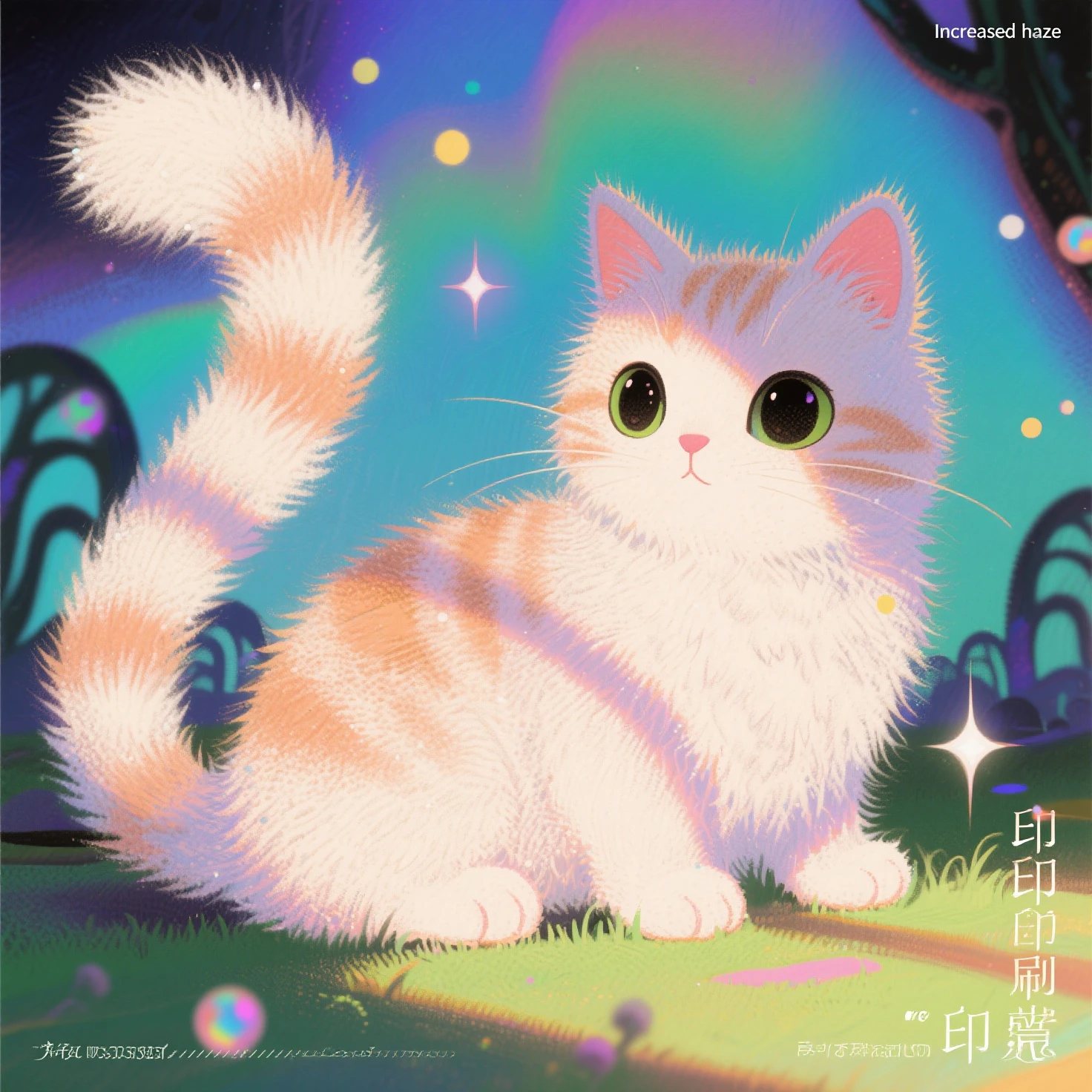 illustration,artistry,Increased light and shadow,winning artwork,Works of masters,Minimalist design,Flattening,Weird fairy tale,Particle holographic printing,"Increased haze",Increased depth of field,Felt-style cotton texture,on focus,High saturation ,超现实illustration,Furry texture,Soft and bright colors,Cute cat