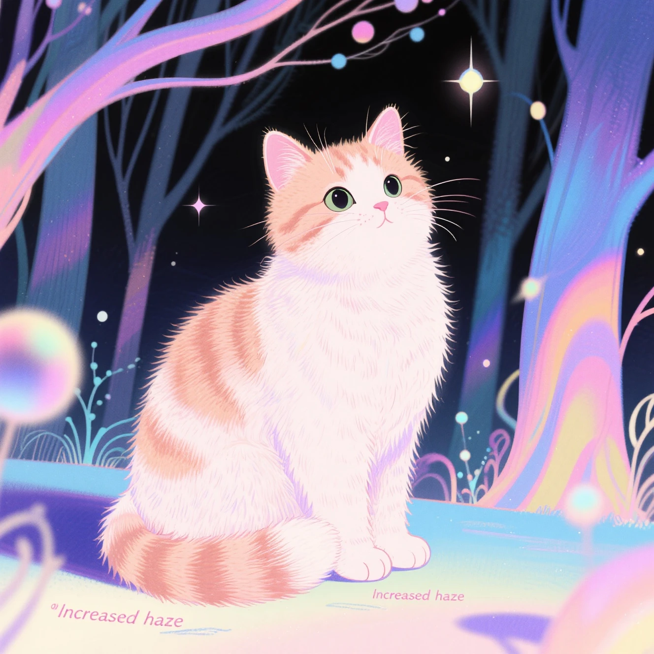 illustration,artistry,Increased light and shadow,winning artwork,Works of masters,Minimalist design,Flattening,Weird fairy tale,Particle holographic printing,"Increased haze",Increased depth of field,Felt-style cotton texture,on focus,High saturation ,超现实illustration,Furry texture,Soft and bright colors,Cute cat