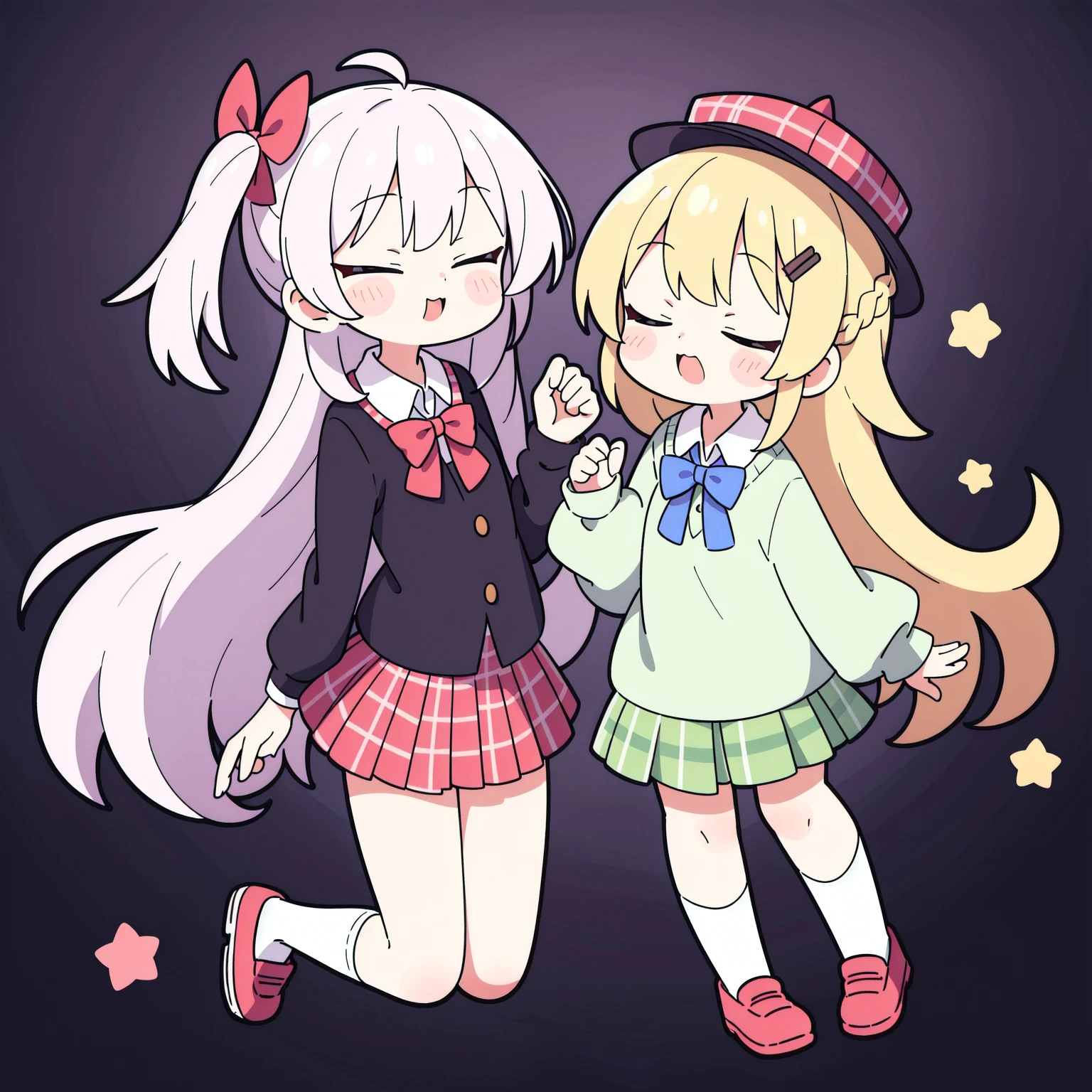 high resolution 1 girl antenna baby_pin bow bowtie braid brpossessed_《The eye》s collared_The shirt dojikko_posture frill_The shirt frilled_The shirt_collar frill_skirt frills the hair_bow the hair_ornament the hairpin hand_Show on the_possessed_Head center_the hair_decorative hat with hat_jack jack lShow on theg_the hair Show on thee_《The eye》_closed eyes five-pointed star pink_the hair plaid plaid_bow plaid_skirt pleated_skirt The shirt shoelaces shoes simple_background stand-up skirt single star_(symbol) pair_braid wariza white_: white_over knee socks, Full body