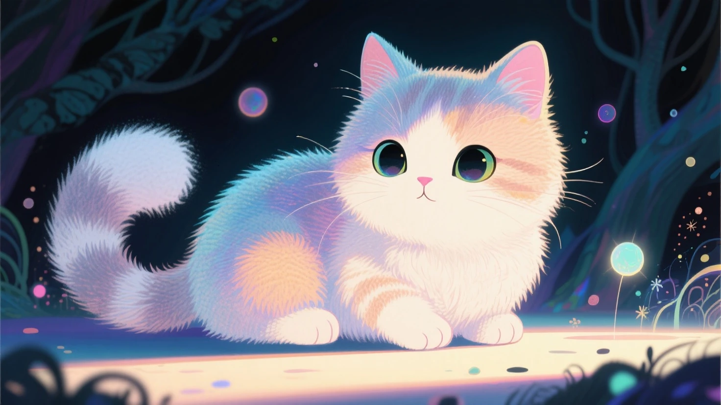 illustration,artistry,Increased light and shadow,winning artwork,Works of masters,Minimalist design,Flattening,Weird fairy tale,Particle holographic printing,"Increased haze",Increased depth of field,Felt-style cotton texture,on focus,High saturation ,超现实illustration,Furry texture,Soft and bright colors,Cute cat