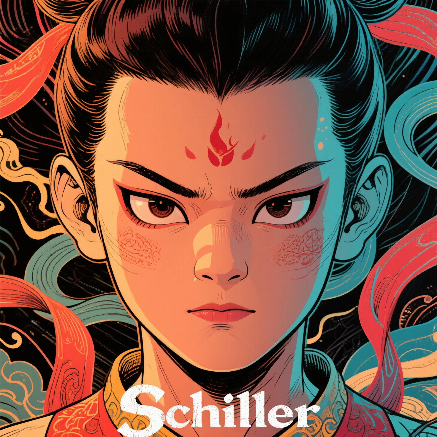 Schiller line drawing color lead style,Nezha close-up,full of artistic imagination,Asian trend poster, concept blockbuster