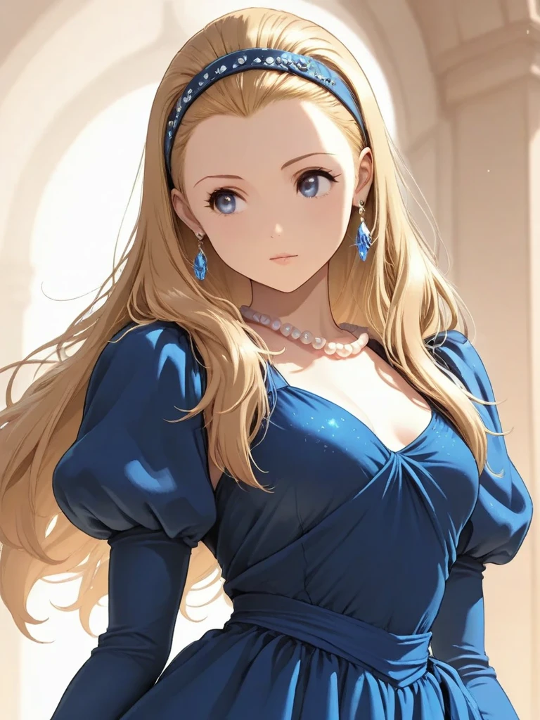 (masterpiece, best quality:1.2), 1girl, solo,serena, blue eyes, blonde hair, long hair, , hair slicked back, hairband, earrings, dress, juliet sleeves, bead necklace